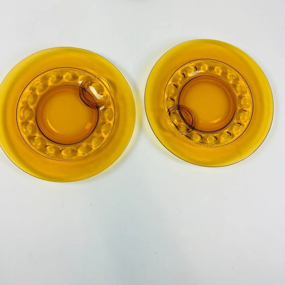 Indiana Glass 2 Kings Crown Thumbprint Amber Dinner Plates 10.25” Pair